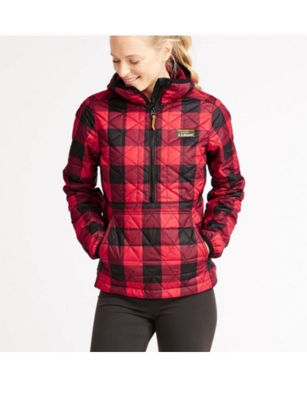 LL Bean Red Buffalo Plaid Katahdin 1/2 Zip Pullover Jacket Medium